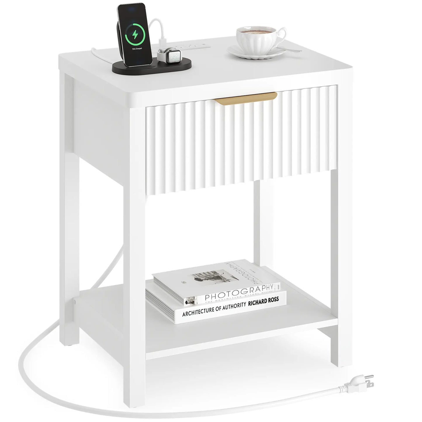Aowos Fluted Nightstand, Bedside Tables with Charging Station, Boho Side Tables with Drawer & Open Compartment for Bedroom Wooden Tabletop, Bedside Cabinet with USB Ports, Nightstand with Storage, Apartment Nightstand, Kids Bedside Table Tiktokshopspringg