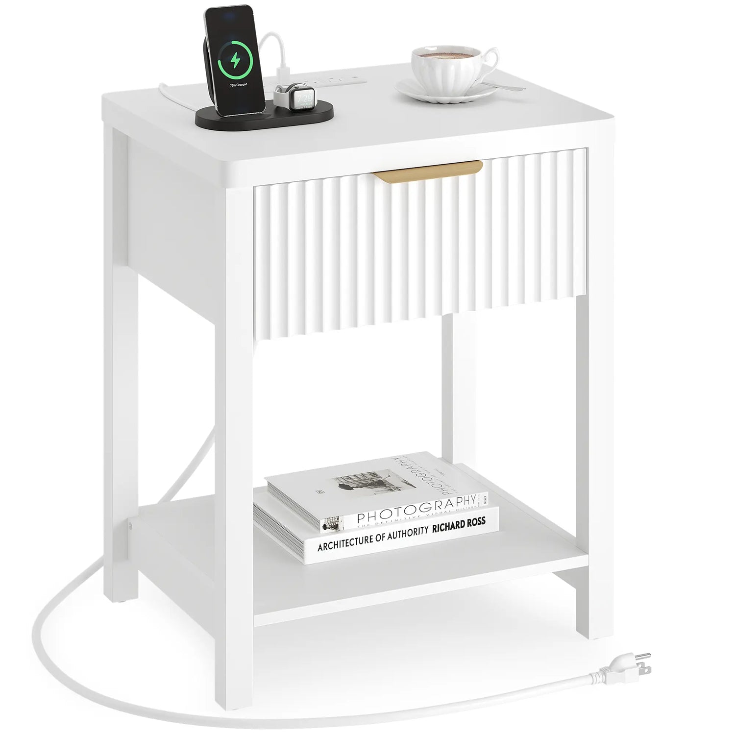 Aowos Fluted Nightstand, Bedside Tables with Charging Station, Boho Side Tables with Drawer &amp; Open Compartment for Bedroom Wooden Tabletop, Bedside Cabinet with USB Ports, Nightstand with Storage, Apartment Nightstand, Kids Bedside Table Tiktokshopspringg
