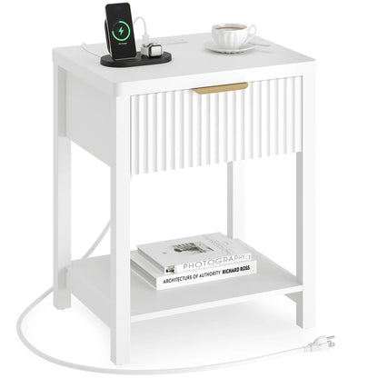 Aowos Fluted Nightstand, Bedside Tables with Charging Station, Boho Side Tables with Drawer &amp; Open Compartment for Bedroom Wooden Tabletop, Bedside Cabinet with USB Ports, Nightstand with Storage, Apartment Nightstand, Kids Bedside Table Tiktokshopspringg
