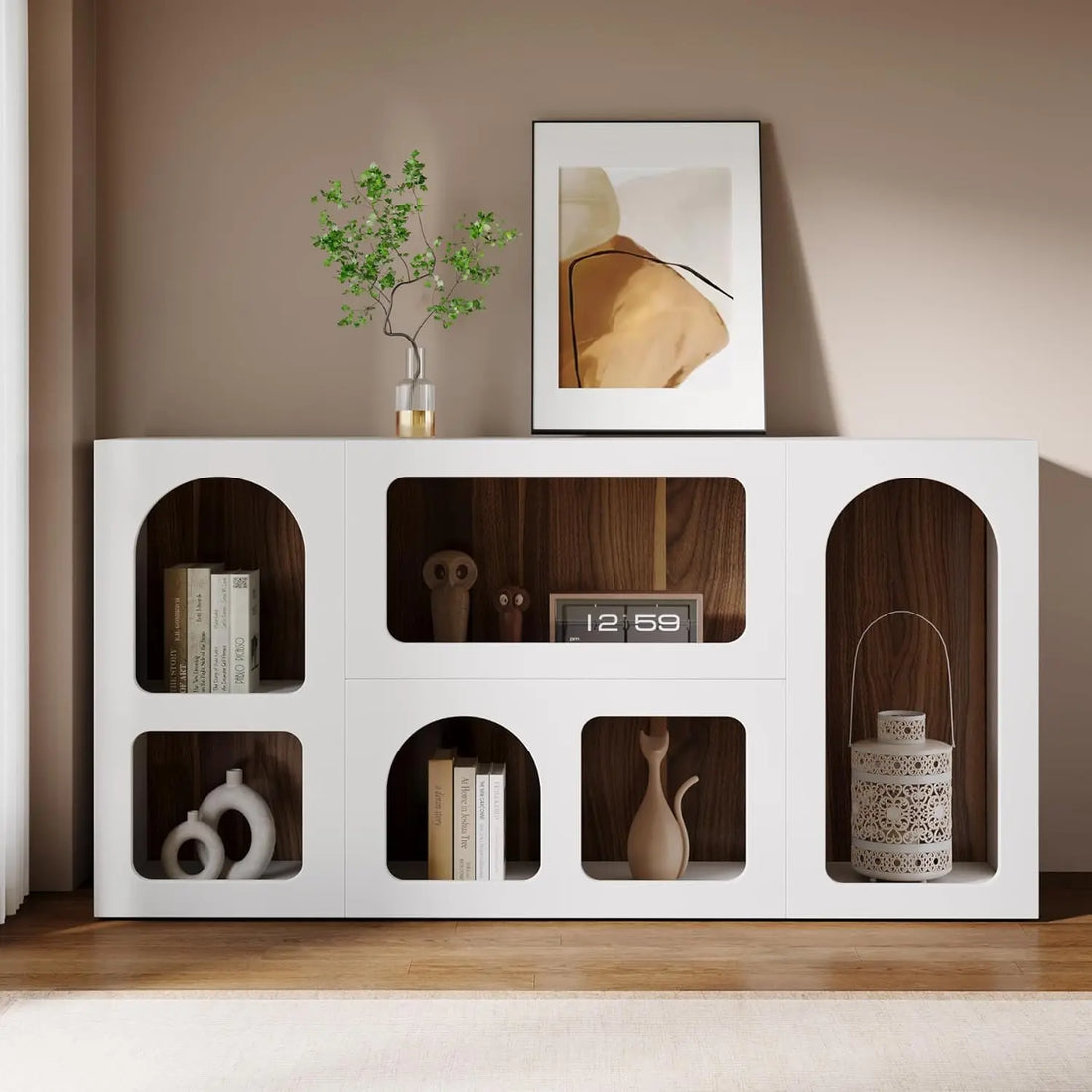 LITTLE TREE 59" White Console Table, Modern Entryway Table, Wooden Storage Organizer Entrance Table with 6 Compartments, Long Sofa Table, behind Couch Table with Storage for Living Room, Hallway, Foyer Arched Shelf