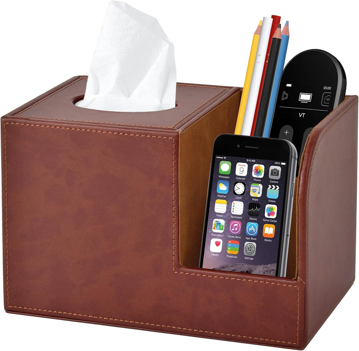 PU Leather Square Tissue Box Cover,Multifunctional Tissue Box Holder,Tissue Box with Storage,Tissue and Remote Control Holder,Tissue Box Decorative Desk Organizer for Home&Office,Brown