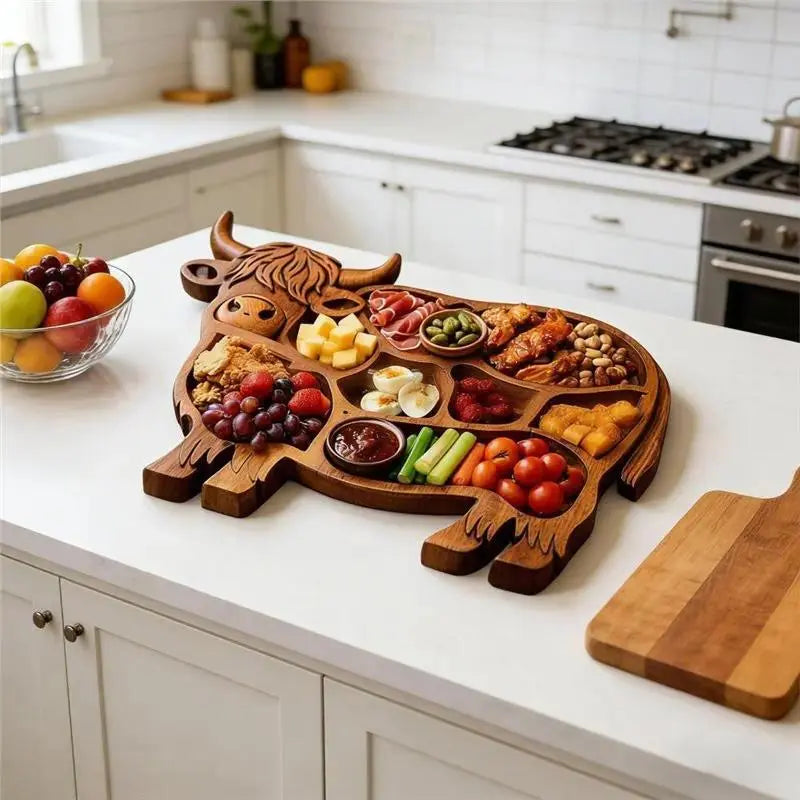 Wood Charcuterie Board Highland Cow Design, Rustic Serving Tray, Natural Wood Cheese Platter Snack Board