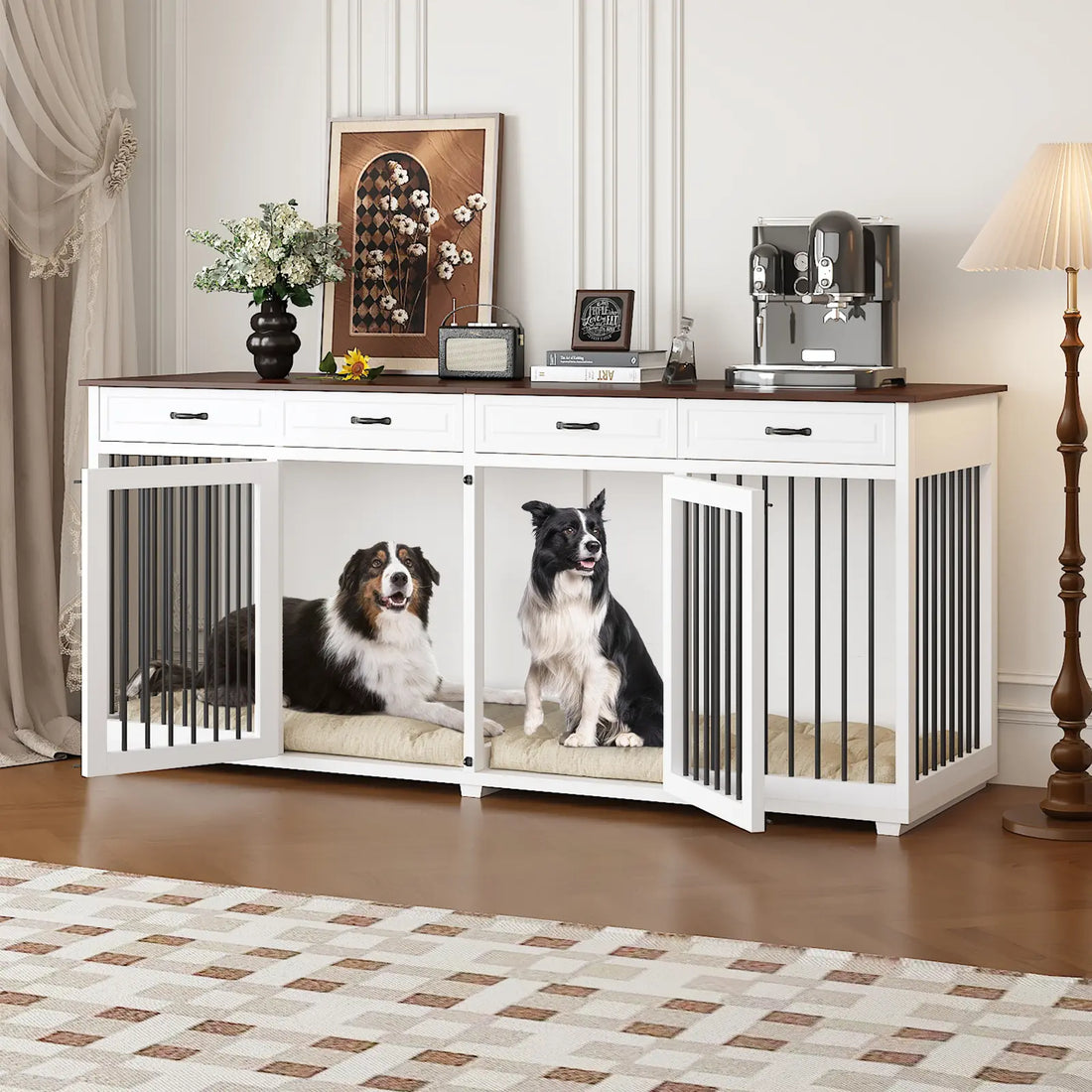 FUFU&GAGA Large Dog Crate Furniture, 86.6" Wooden Dog Crate Kennel with Drawers and Divider, Heavy Duty Dog Crates Cage Furniture