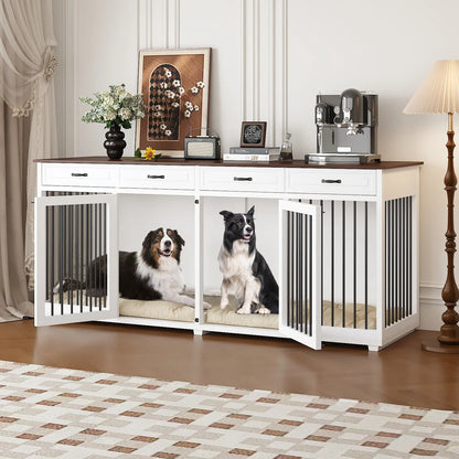 FUFU&amp;GAGA Large Dog Crate Furniture, 86.6" Wooden Dog Crate Kennel with Drawers and Divider, Heavy Duty Dog Crates Cage Furniture