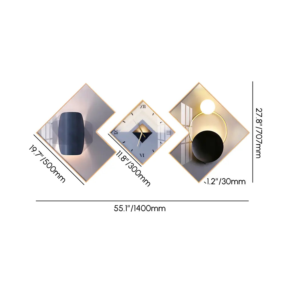 Homary 3-Pcs Square Modern Abstract Silent Aluminium Analog Wall Clock Set - Gold-Frame Canvas Artwork, Decorative Clock, Hanging Home Supplies for Living Room Entryway Decor