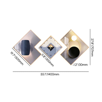 Homary 3-Pcs Square Modern Abstract Silent Aluminium Analog Wall Clock Set - Gold-Frame Canvas Artwork, Decorative Clock, Hanging Home Supplies for Living Room Entryway Decor