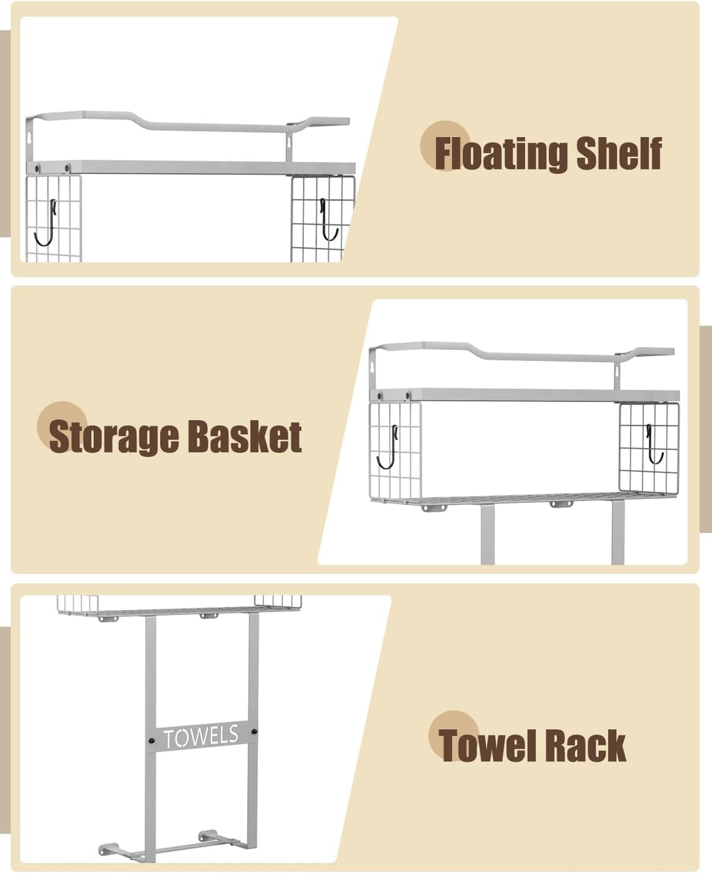 Towel Racks for Bathroom Wall Mounted - Bath Wall Towel Holder Set above Toilet Storage, Rolled Towel Shelf Organizer for Small Bathroom, Wood Vertical Towel Rack for Bathroom Wall Decor Grey