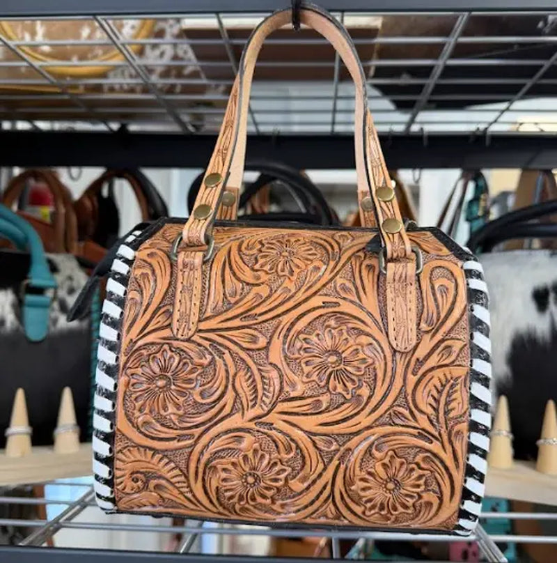 Genuine Hand Tooled Leather Speedy Bag- All over Brown Tooled with White Stitching