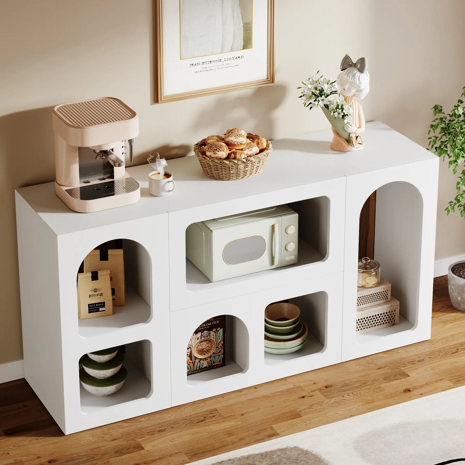 LITTLE TREE 59" White Console Table, Modern Entryway Table, Wooden Storage Organizer Entrance Table with 6 Compartments, Long Sofa Table, behind Couch Table with Storage for Living Room, Hallway, Foyer Arched Shelf