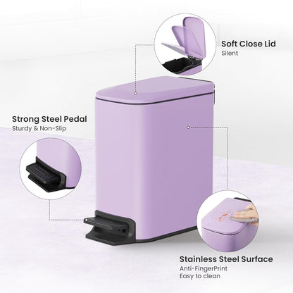 Small Bathroom Trash Can with Lid Soft Close, Step Pedal, 6 Liter / 1.6 Gallon Stainless Steel Garbage Can with Removable Inner Bucket, Anti-Fingerprint Finish (Purple)