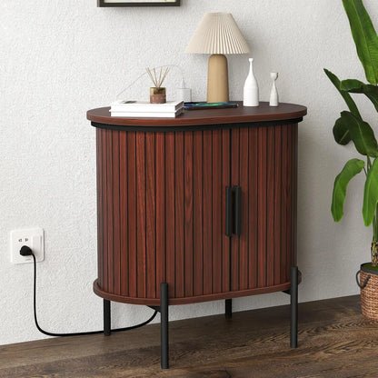 [Dealsforyoudays] EBELLO Small Console Table, Grooved End Table with Charging Station, Mid-Century Modern Nightstand, Entryway Cabinet for Living Room, Bedroom, Small Spaces, Walnut