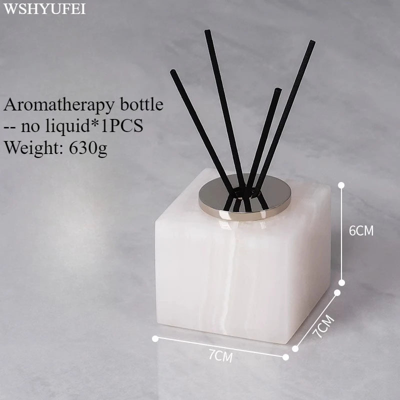 White Jade Stone Bathroom Accessory Set with aromatherapy bottle and reed sticks for elegant bath decor.
