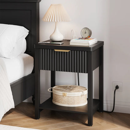 Aowos Fluted Nightstand, Bedside Tables with Charging Station, Boho Side Tables with Drawer &amp; Open Compartment for Bedroom Wooden Tabletop, Bedside Cabinet with USB Ports, Nightstand with Storage, Apartment Nightstand, Kids Bedside Table Tiktokshopspringg
