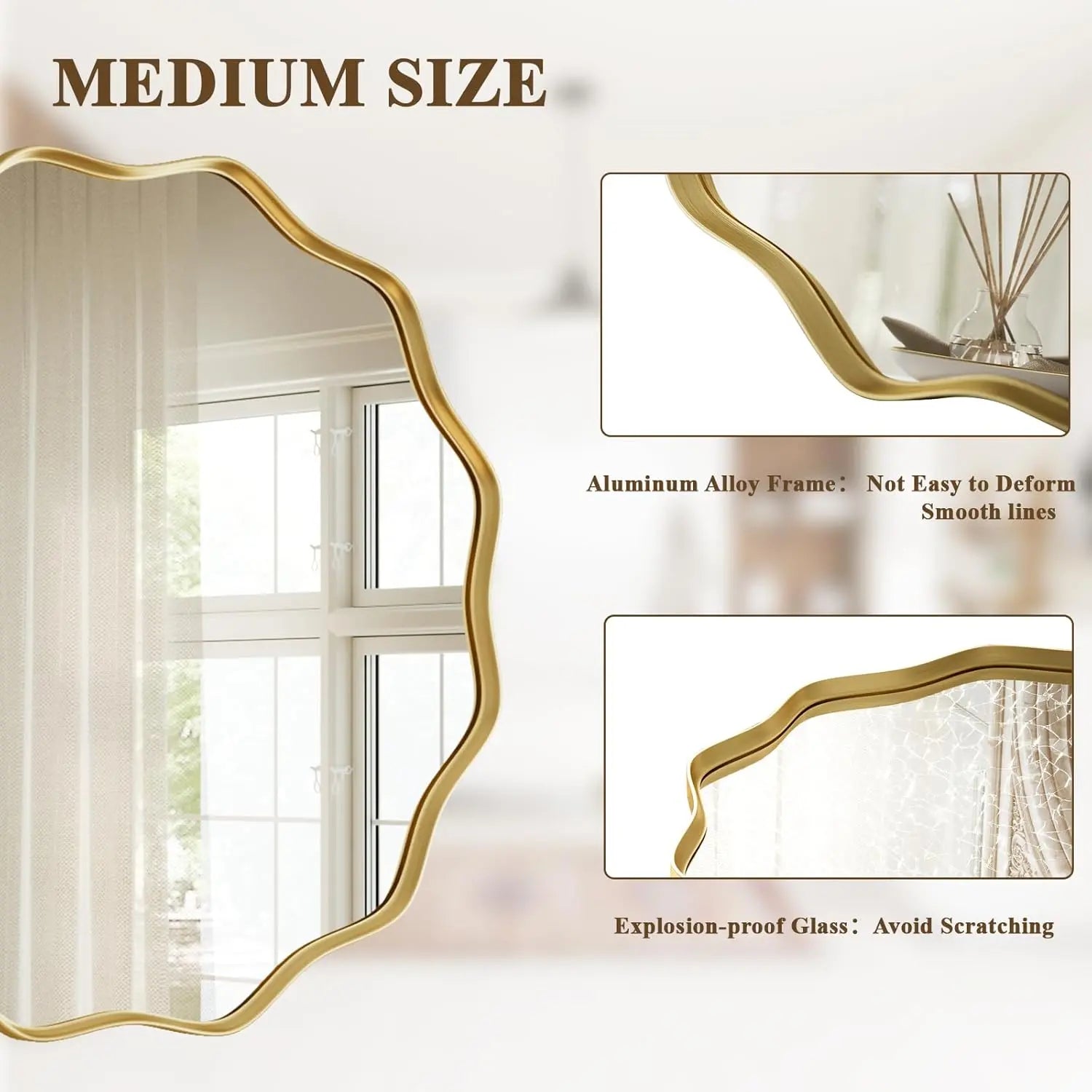 Scalloped Circle Mirror, 24" Wavy Edge round Wall Mirror with Tempered Glass Textured Circular Metal Deep Frame, Leaning for Bathroom, Hallway, Entryway, Livng Room
