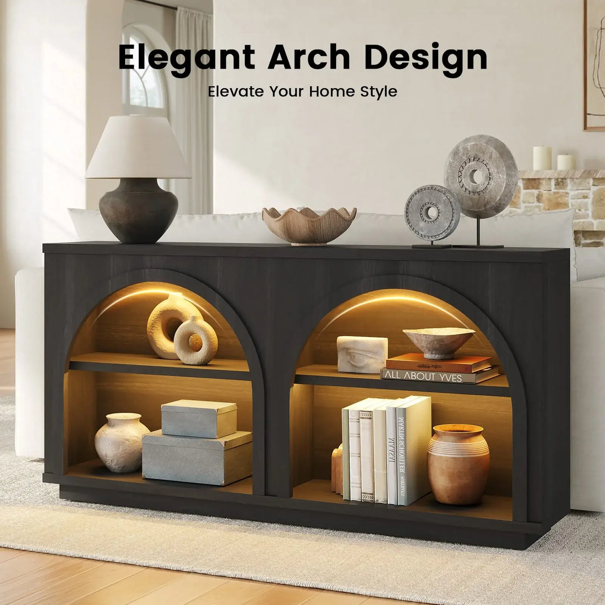 SIKAIC Matte Black Multi-Layer Pedestal Unit with Integrated Accent Illumination Stripes, Modern Mid-Century Narrow Silhouette Base with Elegant Curved Geometric Frame for Hallway Placement,Dorm Essentials,Home Decor