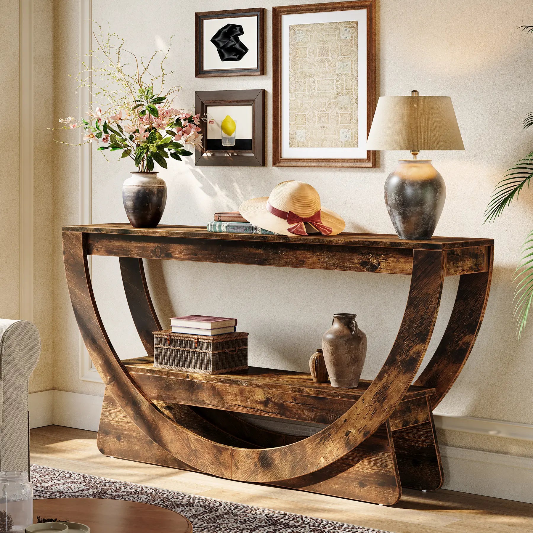 LITTLE TREE 63-Inch Console Table, Farmhouse 2-Tier Entryway Table with Storage Shelves, Narrow Long Sofa Table behind Couch, Wooden Accent Table for Hallway, Living Room, Entrance, Foyer