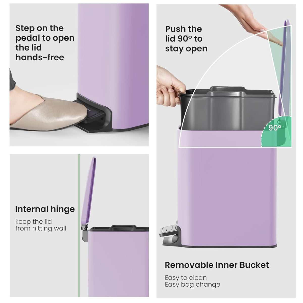 Small Bathroom Trash Can with Lid Soft Close, Step Pedal, 6 Liter / 1.6 Gallon Stainless Steel Garbage Can with Removable Inner Bucket, Anti-Fingerprint Finish (Purple)