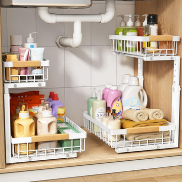 2 Pack under Sink Organizer,Adjustable Height,2 Tier Pull Out under Cabinet Organizer,Slide Out Thickened Metal under Sink Storage for Kitchen Bathroom Laundry Cabinet Pantry,White