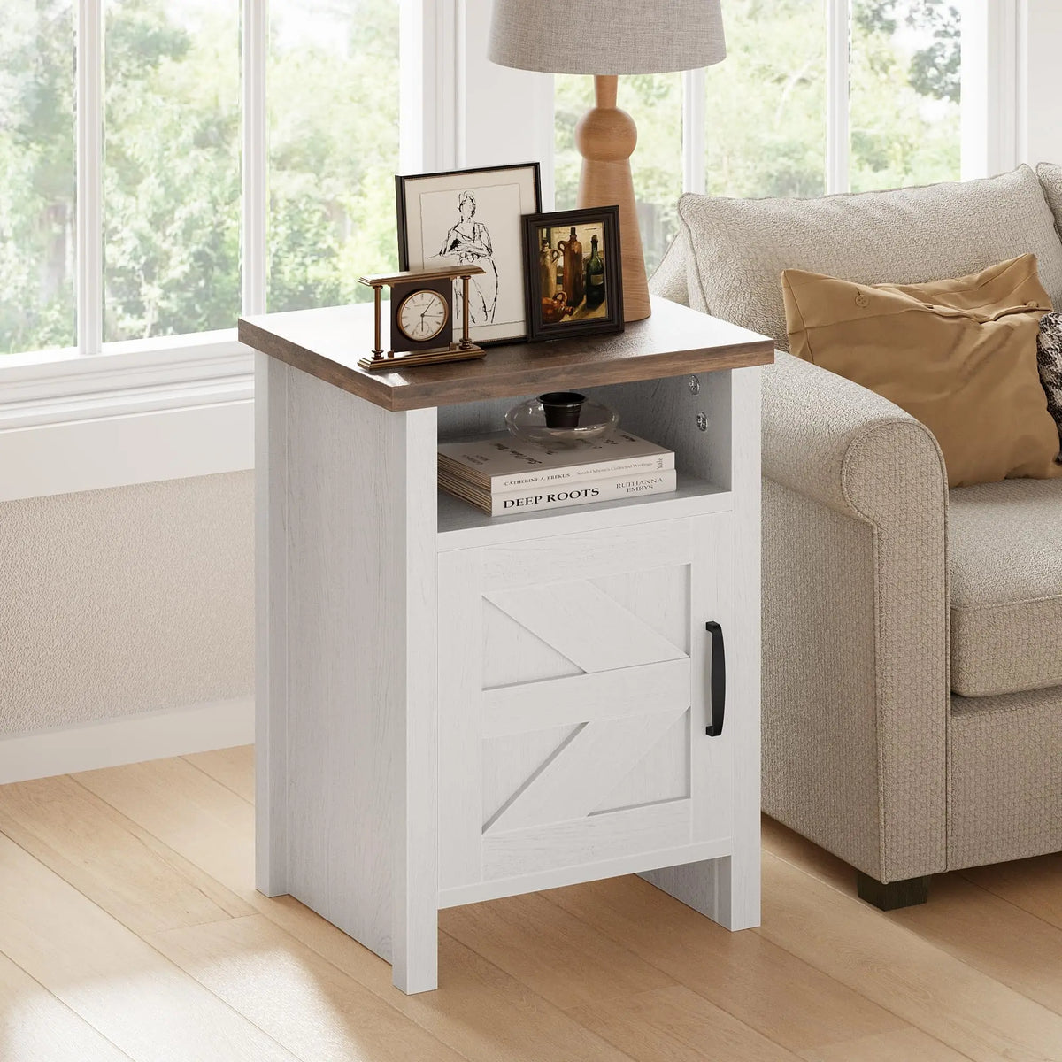 Furmax Farmhouse Nightstand Sets of 2, Mdf+Pine Wooden Bedside Cabinets with Open Shelf Storage, Stable Strong Modern Furniture for Bedroom Home Decor Use