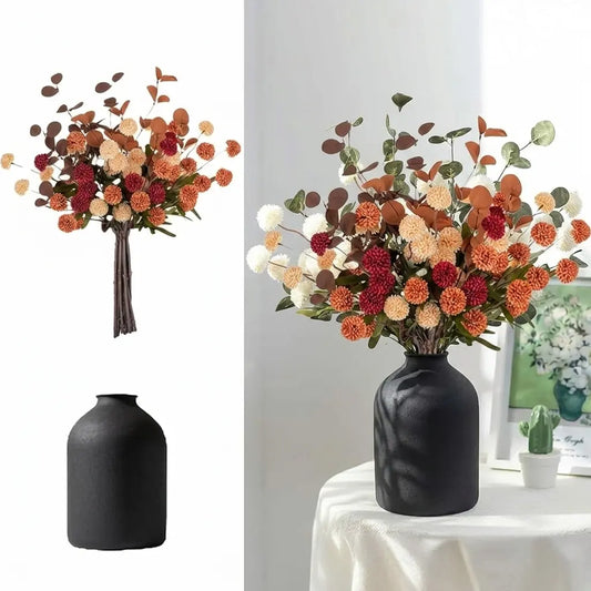 Vase with 12 Stems of Fall Color Fake Mums Kiku Flower Eucalyptuses for Living Room - Artificial Pom Poms Faux Floral Arrangements in Vase for Home Kitchen Island Dining Table Centerpiece Decor