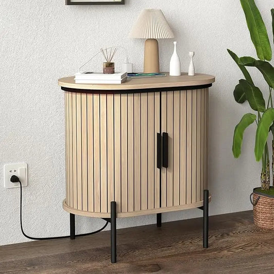 [Dealsforyoudays] EBELLO Small Console Table, Grooved End Table with Charging Station, Mid-Century Modern Nightstand, Entryway Cabinet for Living Room, Bedroom, Small Spaces, Walnut