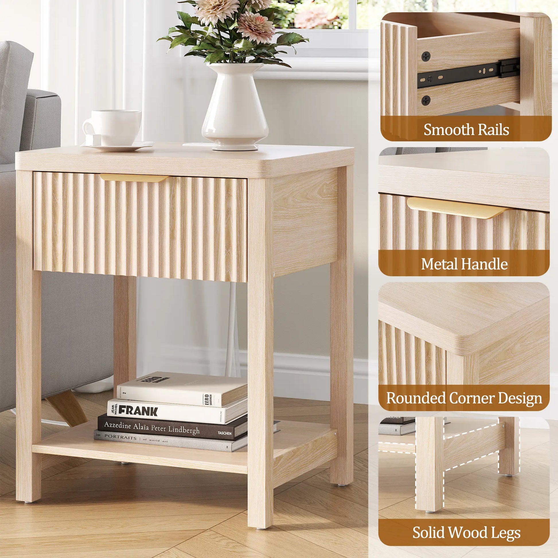 Aowos Fluted Nightstand, Bedside Tables with Charging Station, Boho Side Tables with Drawer & Open Compartment for Bedroom Wooden Tabletop, Bedside Cabinet with USB Ports, Nightstand with Storage, Apartment Nightstand, Kids Bedside Table Tiktokshopspringg
