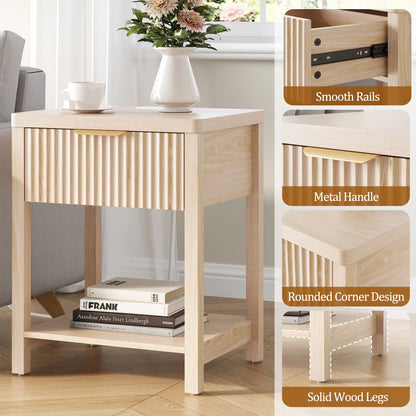 Aowos Fluted Nightstand, Bedside Tables with Charging Station, Boho Side Tables with Drawer &amp; Open Compartment for Bedroom Wooden Tabletop, Bedside Cabinet with USB Ports, Nightstand with Storage, Apartment Nightstand, Kids Bedside Table Tiktokshopspringg