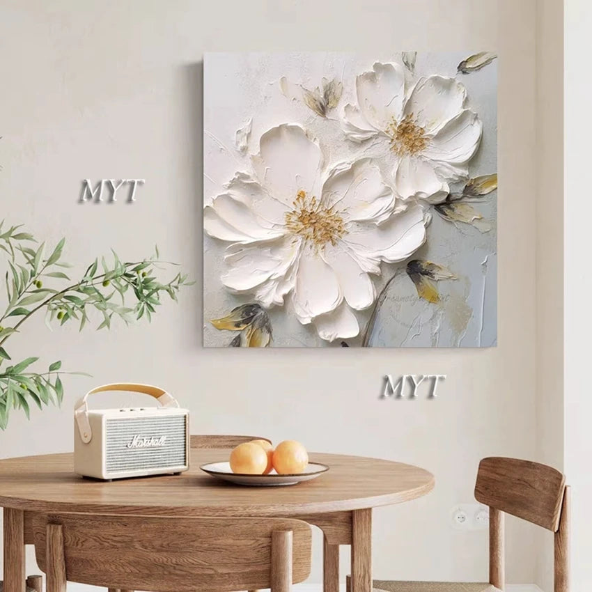 Fancy Home Decor Hot Sale Home Decor Flower Pictures Pieces White Flower Wall Art Oil Paintings Unframed