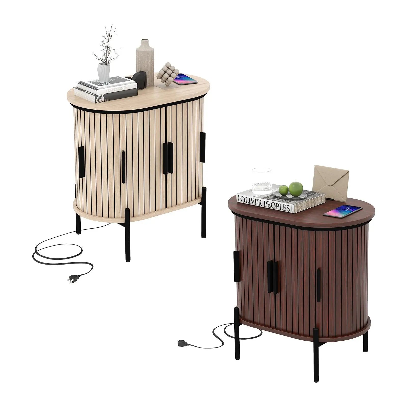 [Dealsforyoudays] EBELLO Small Console Table, Grooved End Table with Charging Station, Mid-Century Modern Nightstand, Entryway Cabinet for Living Room, Bedroom, Small Spaces, Walnut