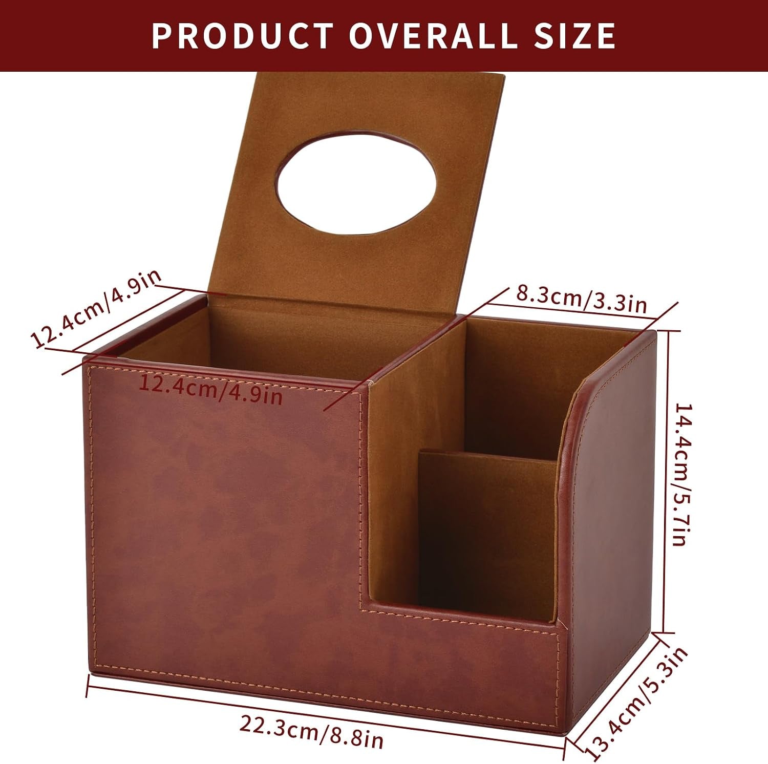 PU Leather Square Tissue Box Cover,Multifunctional Tissue Box Holder,Tissue Box with Storage,Tissue and Remote Control Holder,Tissue Box Decorative Desk Organizer for Home&Office,Brown