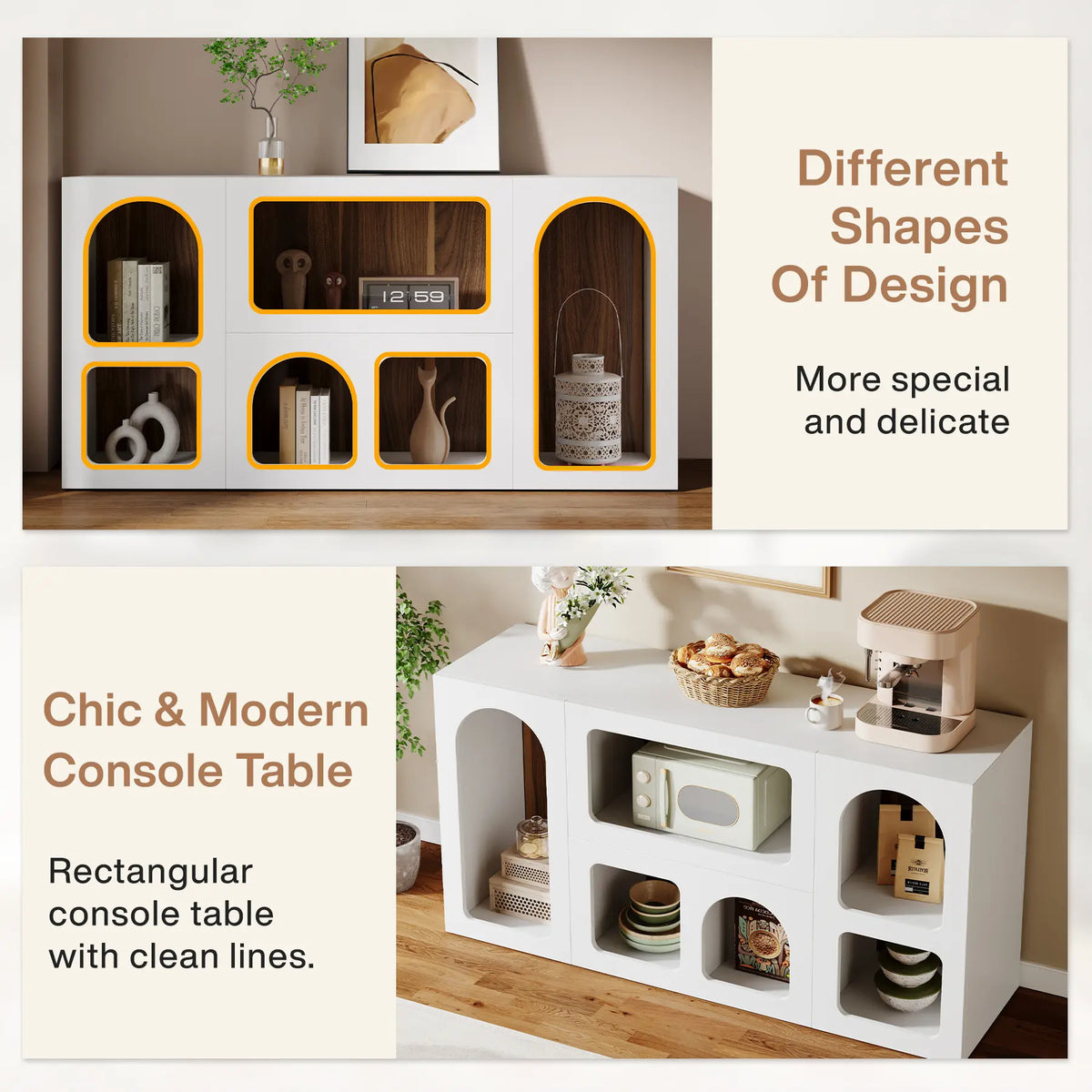 LITTLE TREE 59" White Console Table, Modern Entryway Table, Wooden Storage Organizer Entrance Table with 6 Compartments, Long Sofa Table, behind Couch Table with Storage for Living Room, Hallway, Foyer Arched Shelf