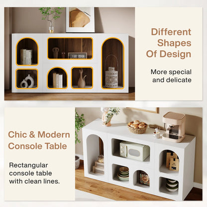 LITTLE TREE 59" White Console Table, Modern Entryway Table, Wooden Storage Organizer Entrance Table with 6 Compartments, Long Sofa Table, behind Couch Table with Storage for Living Room, Hallway, Foyer Arched Shelf