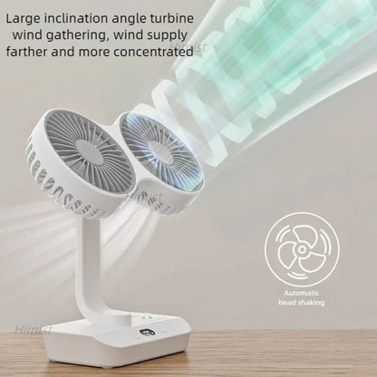 Double Head Desktop Oscillating Fan USB Rechargeable 4000Mah Battery Powered Portable Automatic Rotating Table Fan 4 Gear Wind