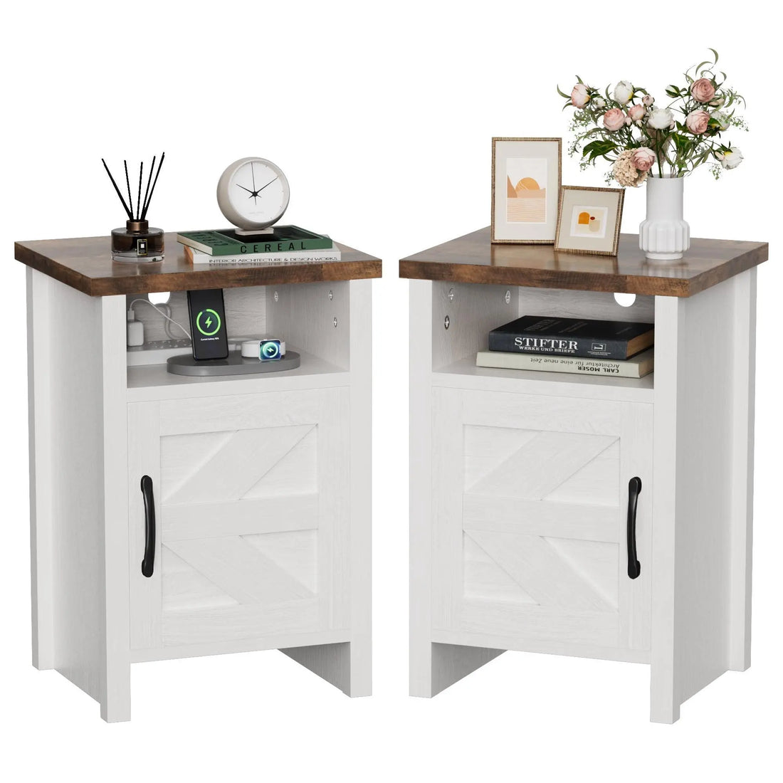 Furmax Farmhouse Nightstand Sets of 2, Mdf+Pine Wooden Bedside Cabinets with Open Shelf Storage, Stable Strong Modern Furniture for Bedroom Home Decor Use