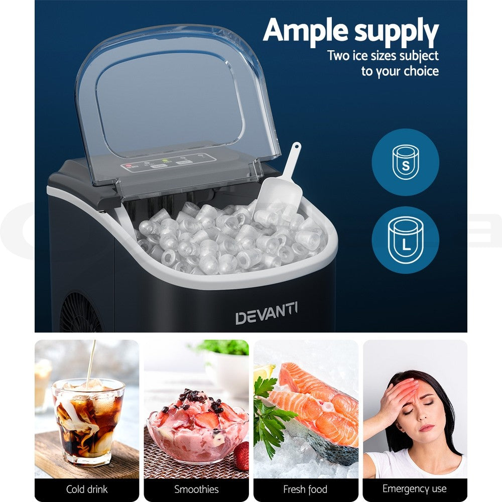 Devanti Portable Ice Maker Machine Ice Cube Tray 12Kg Bar Countertop Black