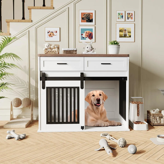 44.5" Wooden Dog Crate Furniture with Storage Drawers, Heavy Duty Pet Kennel End Table, Sliding Barn Doors, Indoor Decorative TV Stand for Medium or Large Breeds
