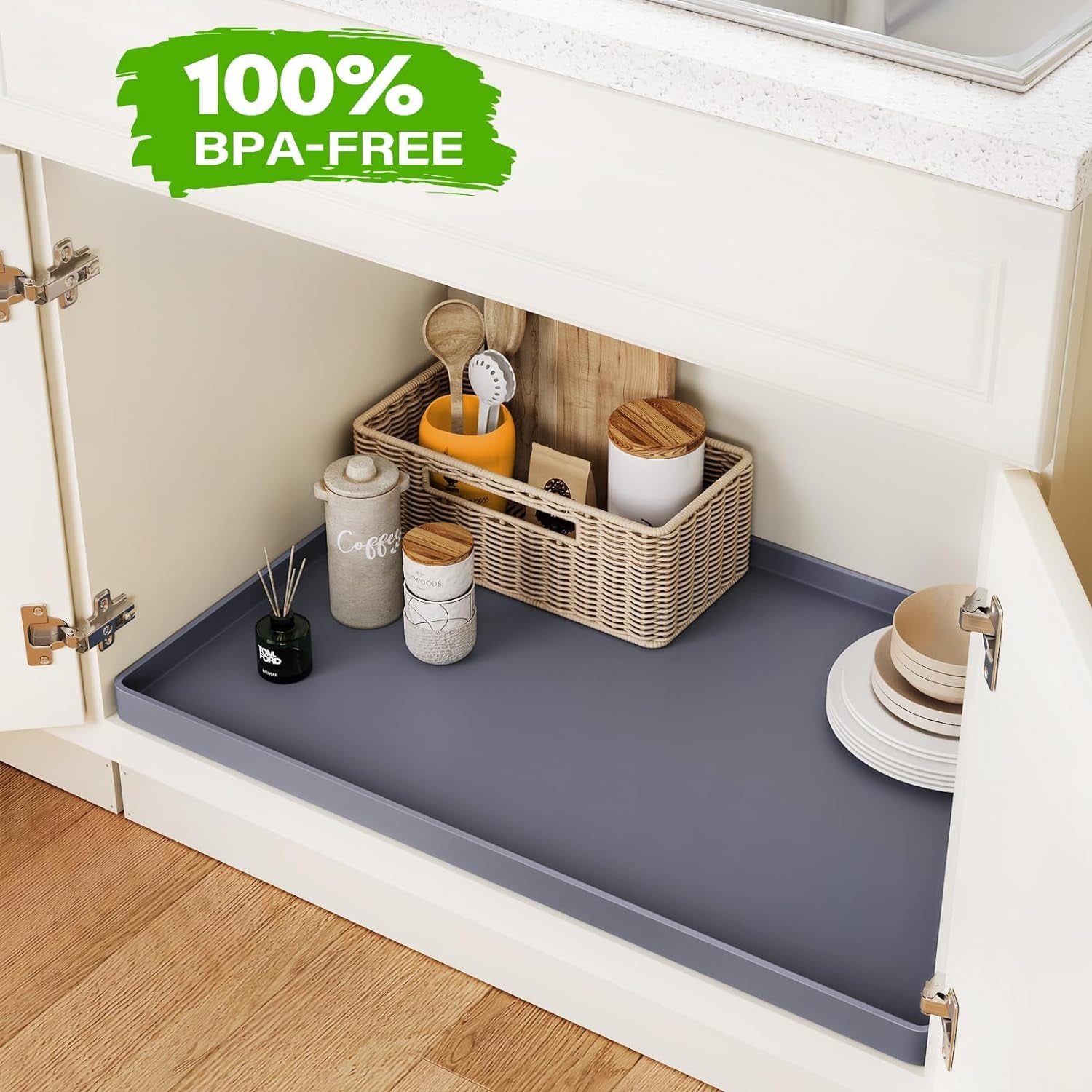 Waterproof under Sink Mat 34" X 22" Shelf Liner for Kitchen and Bathroom, Cabinet Protector, Organizers and Storage, Flexible Silicone Drip Tray