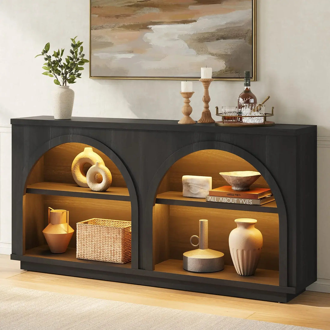 Sikaic Double Arched Console Table with LED Lights, Mid-Century Modern Entryway Table with Spacious Storage & Display Shelves for Hallway, Living Room, Stair Side, Matte Black