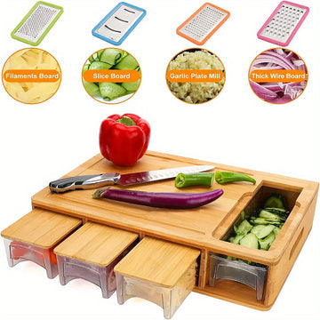 Bamboo Cutting Board – 4 Blades – Storage Trays – Kitchen Prep