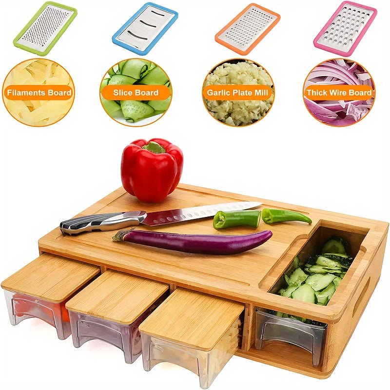 Bamboo Cutting Board – 4 Blades – Storage Trays – Kitchen Prep