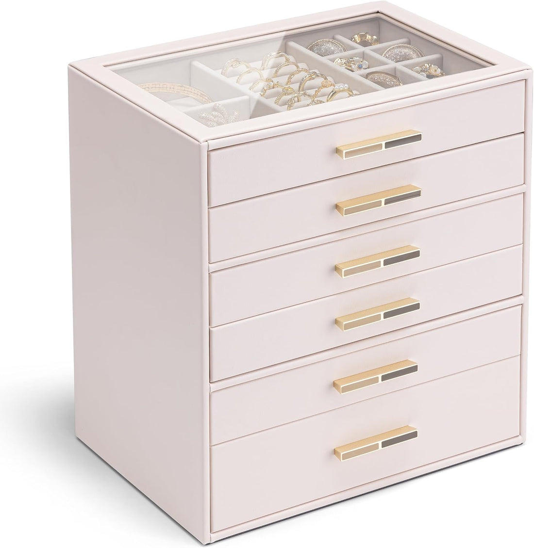 6 Layer Jewelry Box for Women, Glass Lid Jewelry Organizer with 6 Drawers for Necklaces Rings Earrings Bracelets - Light Pink