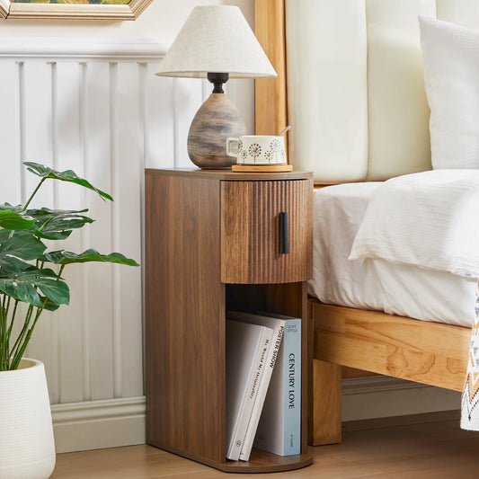 Fursch Walnut Slim Nightstand Set of 2, Mid-Century Curved Bedside Cabinets with Drawer & Book Storage for Apartments, Bedrooms, Cozy Spaces, Small Spaces