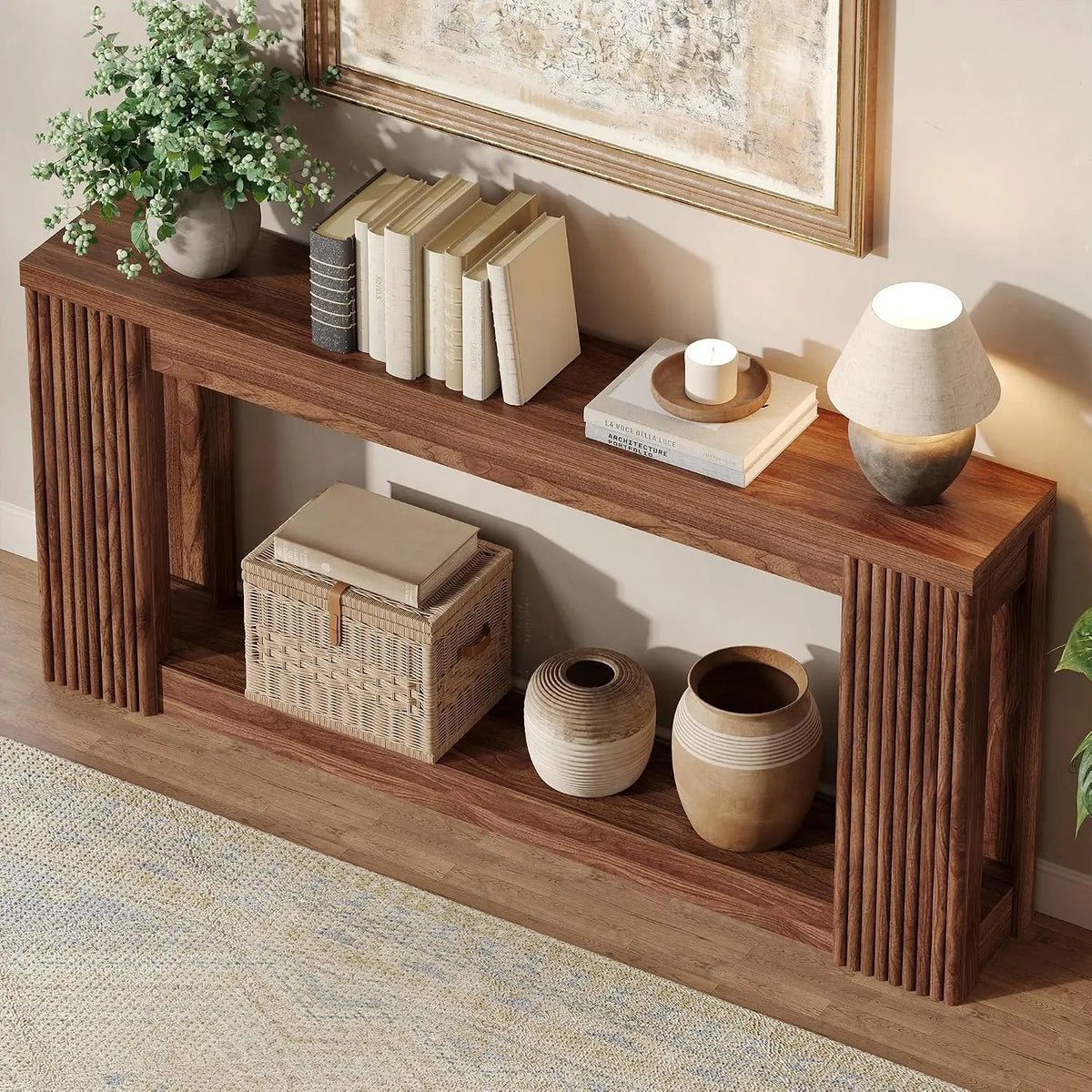 [Summergarden] Vabches Fluted Wooden Console Table with 2 Storage, 71 Inches Rectangular Entryway Table behind the Couch, Farmhouse Boho Sofa Table for Entrance, Hallway, Living Room (Black)