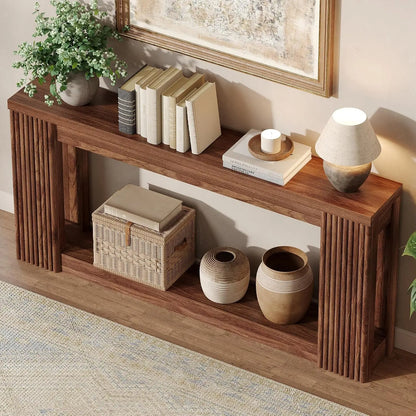 [Summergarden] Vabches Fluted Wooden Console Table with 2 Storage, 71 Inches Rectangular Entryway Table behind the Couch, Farmhouse Boho Sofa Table for Entrance, Hallway, Living Room (Black)