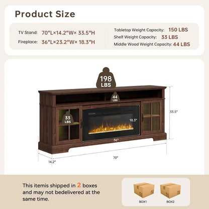 Fireplace TV Stand, Modern Entertainment Center for Tvs up to 70", TV Console with Storage Cabinets &amp; Electric Fireplace, Brown Media Console for Living Room