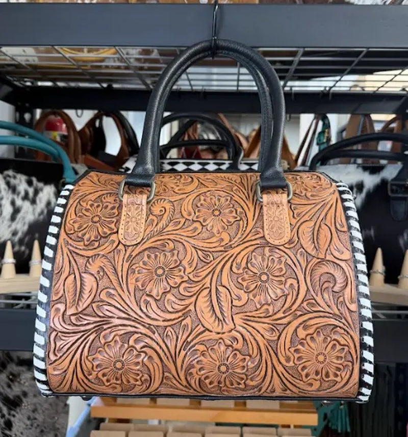 Genuine Hand Tooled Leather Speedy Bag- All over Brown Tooled with White Stitching