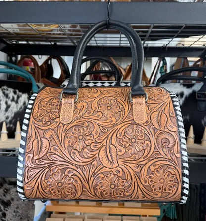 Genuine Hand Tooled Leather Speedy Bag- All over Brown Tooled with White Stitching