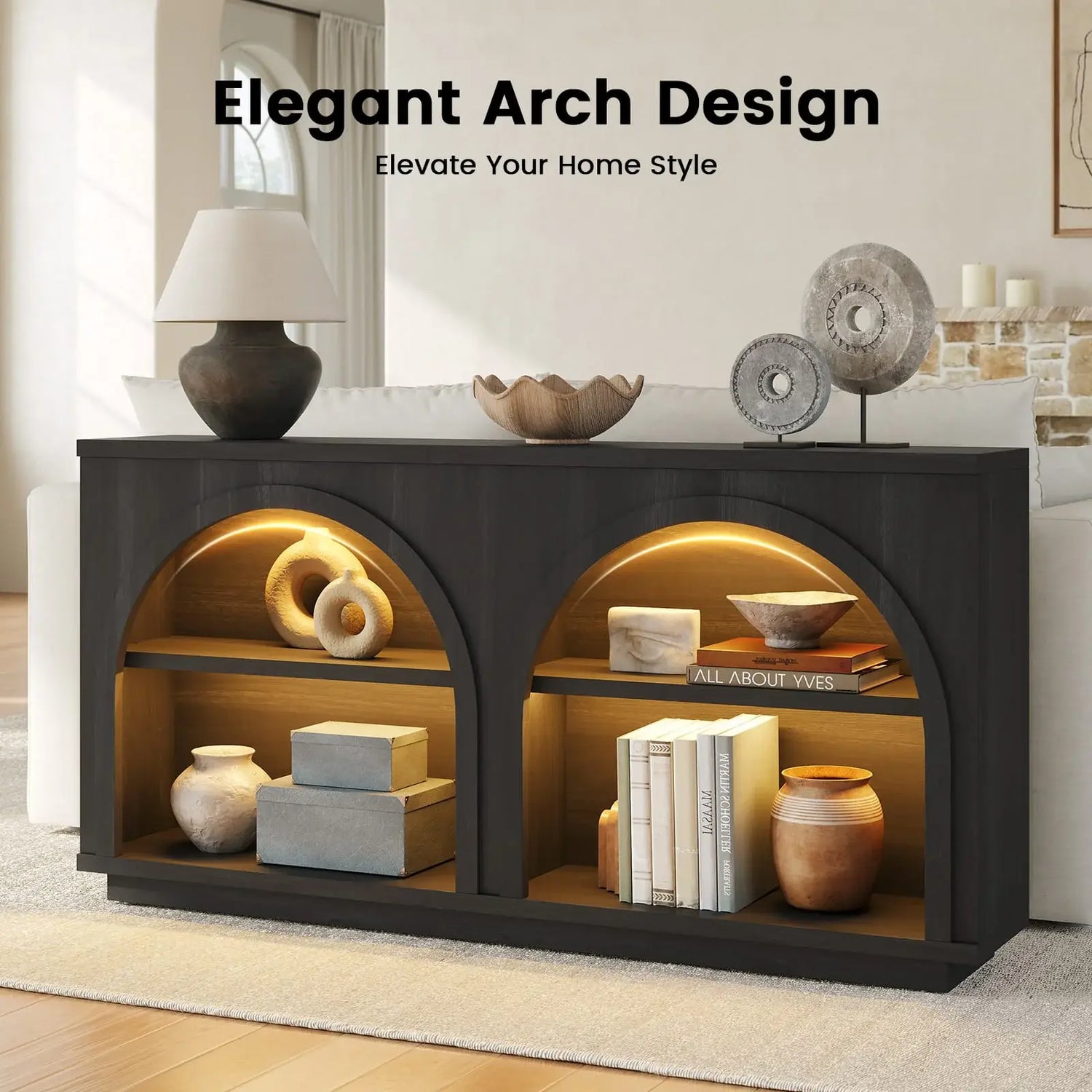 Sikaic Double Arched Console Table with LED Lights, Mid-Century Modern Entryway Table with Spacious Storage &amp; Display Shelves for Hallway, Living Room, Stair Side, Matte Black
