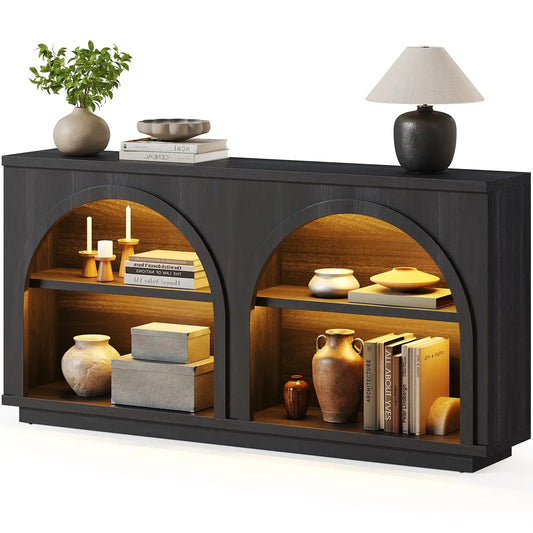 Sikaic Double Arched Console Table with LED Lights, Mid-Century Modern Entryway Table with Spacious Storage & Display Shelves for Hallway, Living Room, Stair Side, Matte Black