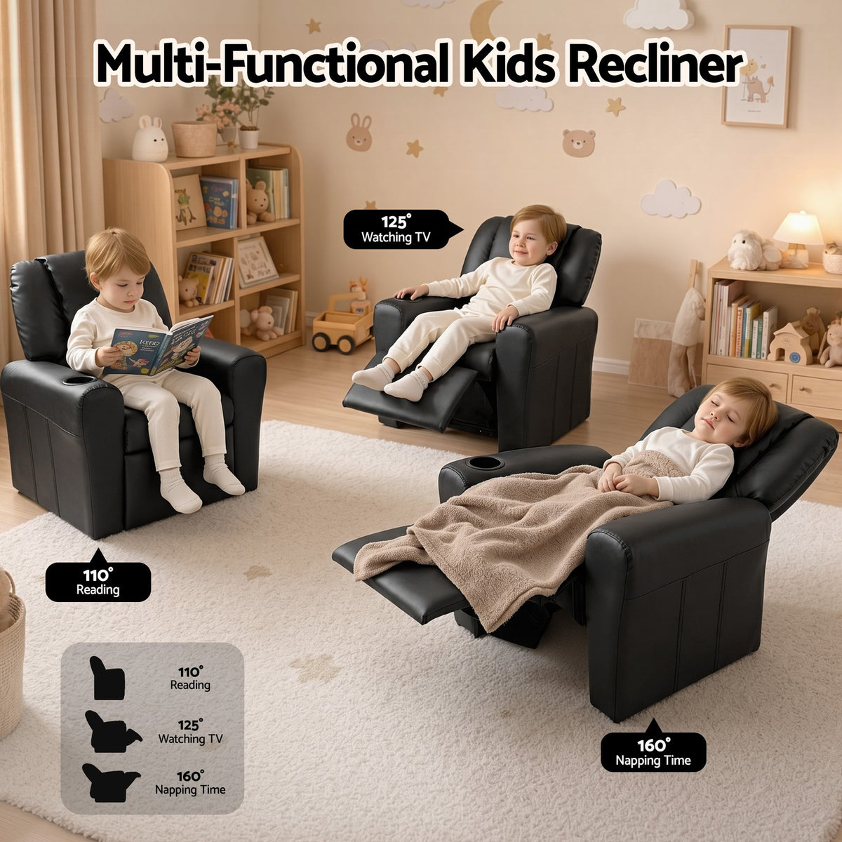 Keezi Kids Recliner Chair PU Leather Sofa Lounge Couch Children Armchair Black